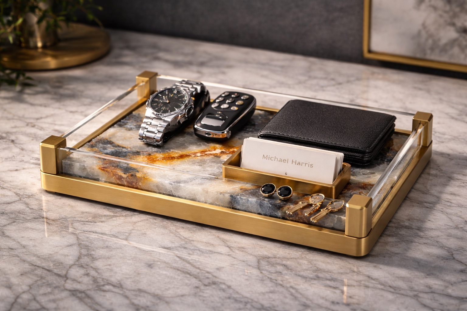 Brass framed stone valet tray