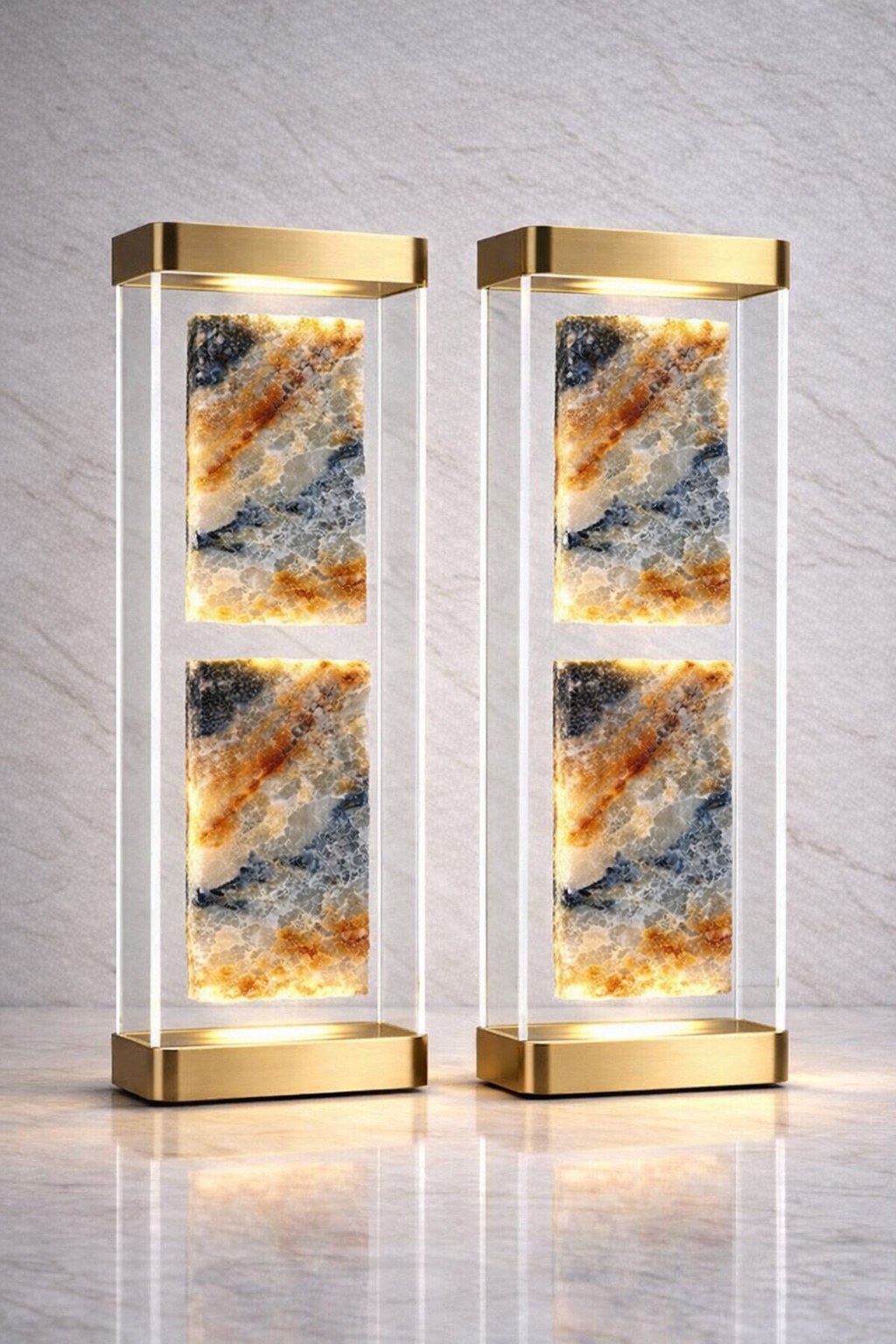 Pair of framed stone lamps