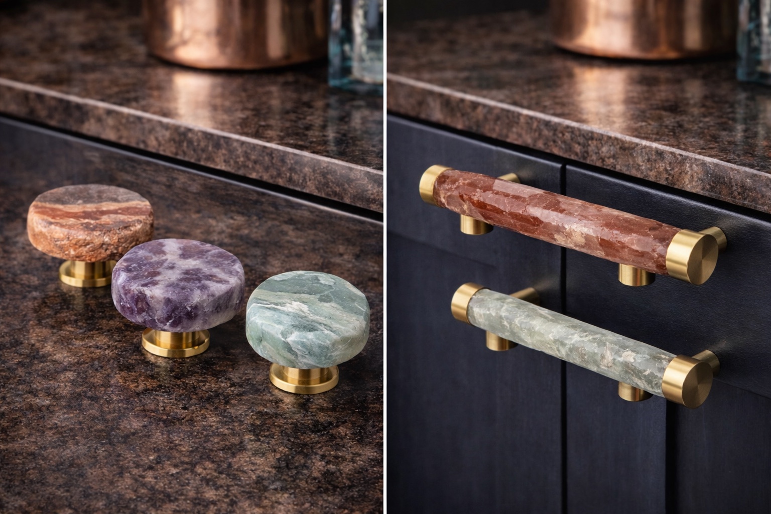 Stone knobs and pull handles in earthy tones