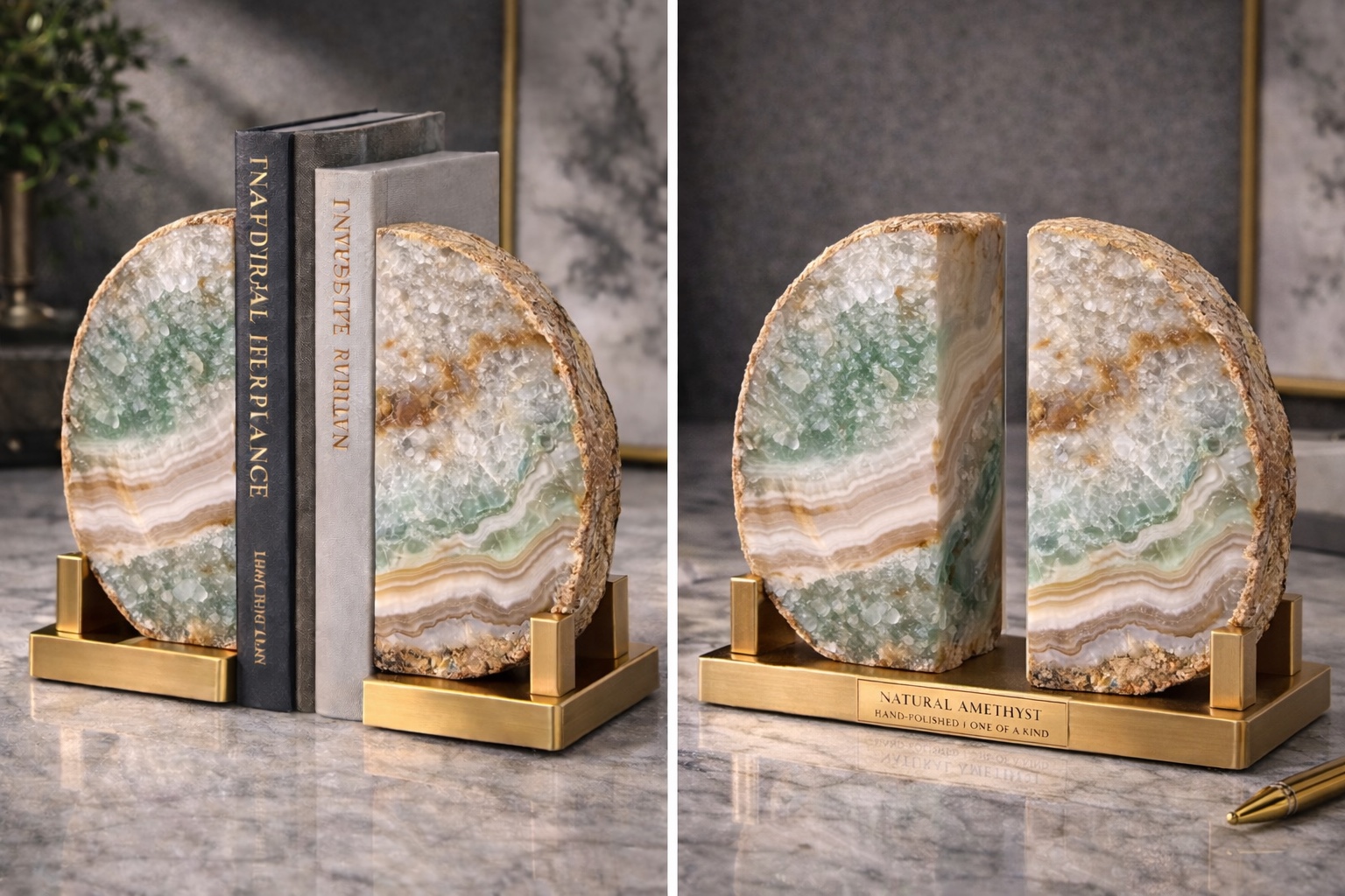 Green banded stone bookends