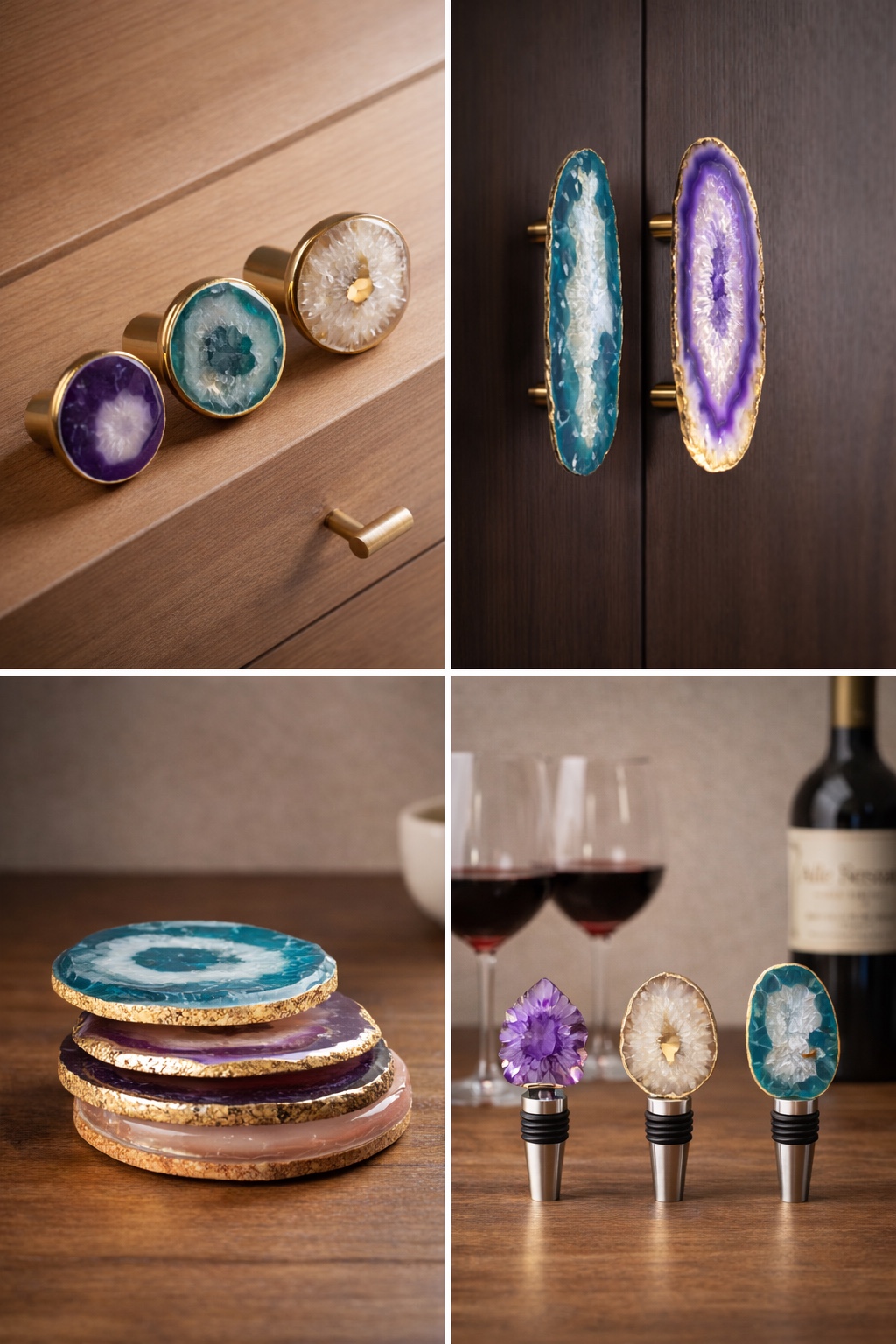 Stone cabinet knobs, pulls, coasters, and wine stoppers