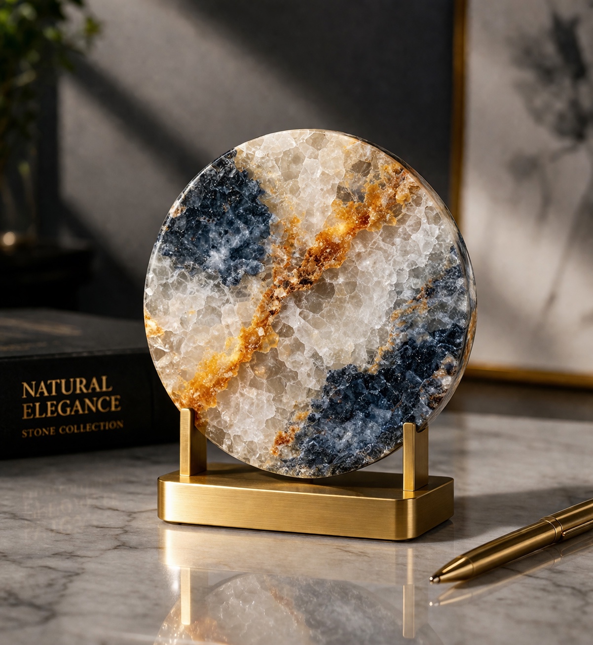 Round stone sculpture on stand